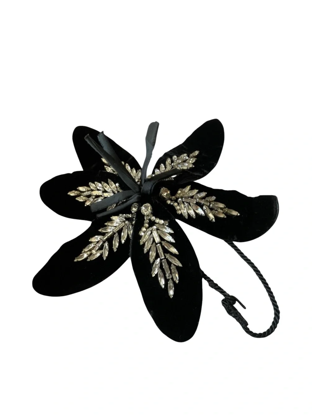Vintage Black Velvet Rhinestone Flower Clip Brooch Ornament Gothic Glam
